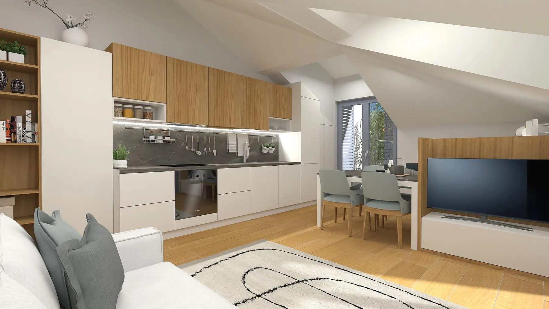 Rendering della zona giorno di un appartamento del Condominio Pacechito: cucina in legno, sala da pranzo e mansarda