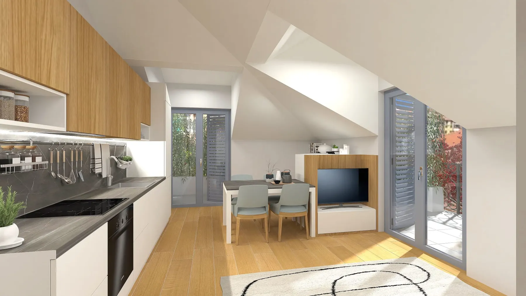 Rendering della cucina con portafinestra di un appartamento del Condominio Pacechito