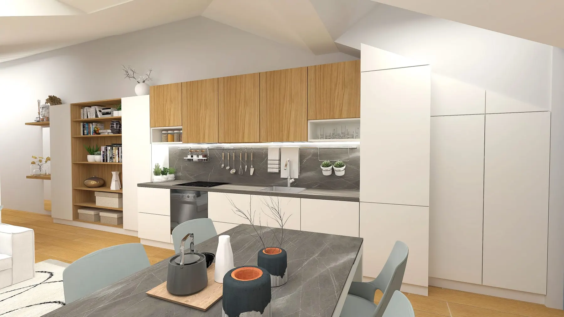 Rendering del soggiorno con tavolo da pranzo di un appartamento del Condominio Pacechito